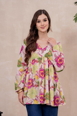 Mizaz Party Printed Women White Top