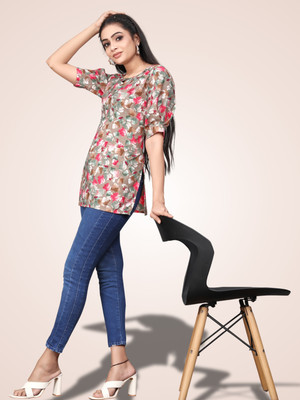 SHCON Casual Floral Print Women Brown Top