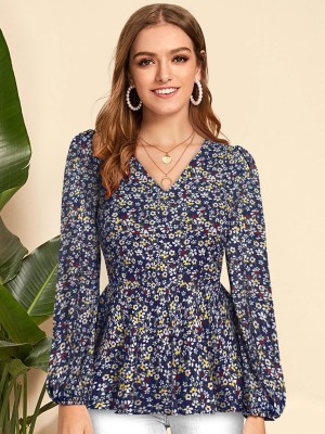 KERI PERRY Casual Floral Print Women Dark Blue Top