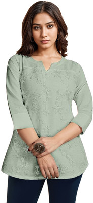 ITS YOU CREATION Casual Embroidered, Floral Print Women Light Green Top