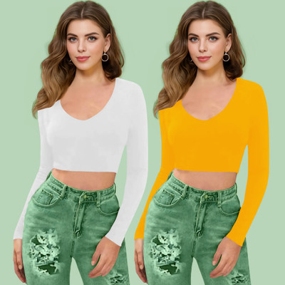 Dream Beauty Fashion Casual Self Design Women Yellow, White Top