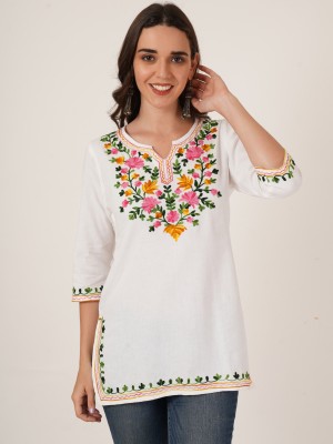 Brownverse Casual Embroidered, Embellished Women White Top