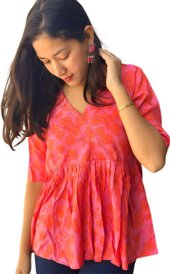 MRIDA Casual Floral Print Women Red Top