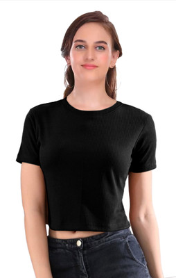 Houseofcommen Solid Women Round Neck Black T-Shirt