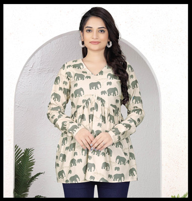 SRUVI TEXTILE PVT LTD Casual Animal Print Women Beige Top