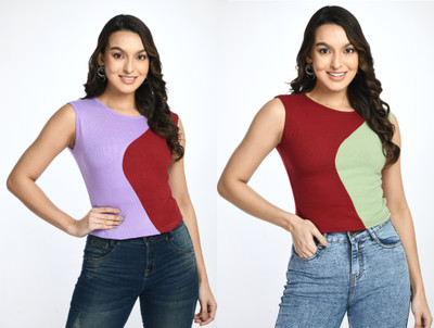 GLADLY Casual Color Block Women Purple, Maroon Top