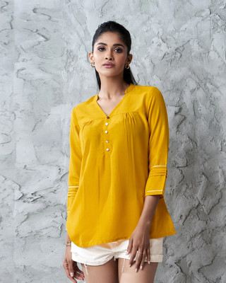 HouseOfCommon Casual Solid Women Yellow Top