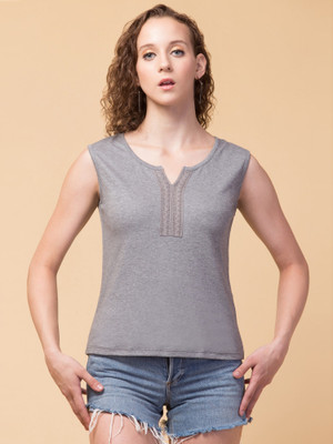 HouseOfCommon Casual Solid Women Grey Top