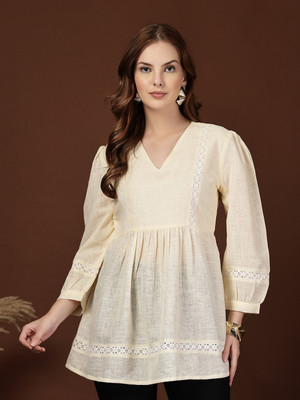KATLINE Casual Self Design Women Beige Top