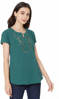 GO.4.IT Casual Short Sleeve Embroidered Women Green Top