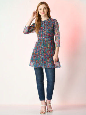 Myshka Casual Floral Print Women Dark Blue Top