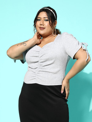CURVE BY KASSUALLY Casual Self Design Women Grey Top