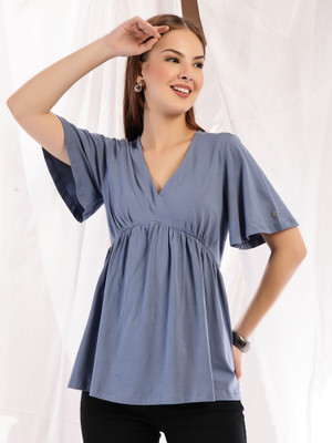 Zelena Casual Solid Women Blue Top