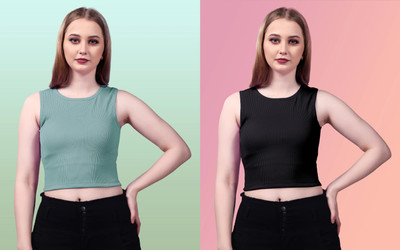 LILASTEX Casual Self Design Women Green, Black Top