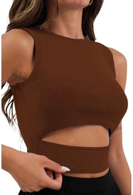 DEALZONE Party Self Design, Solid Women Brown Top