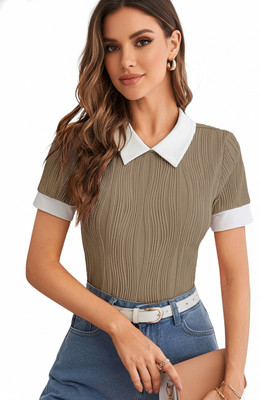 Leriya Fashion Casual Self Design Women Beige Top