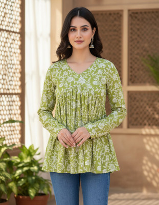 Desi Beats Casual Floral Print, Printed Women Green Top