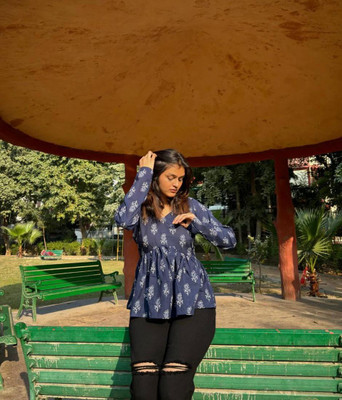 BL Textile Casual Printed Women Blue Top