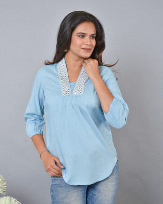 taniya faishan Casual Embroidered Women Light Blue Top