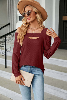 OUTZIDR Casual Embroidered Women Maroon Top