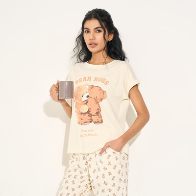 Dreamz by Pantaloons Printed Women Round Neck Beige T-Shirt