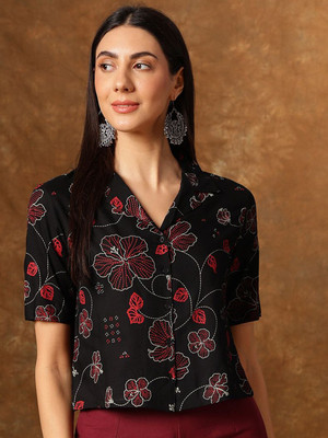 ANOUK Casual Floral Print Women Black Top