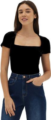 Stars and You Casual Solid Women Black Top