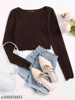 glitsy Casual Solid Women Brown Top