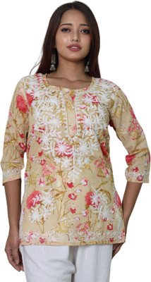 myplusfashion Casual Floral Print Women Yellow Top