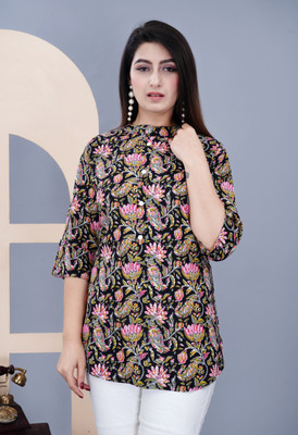FebQ Casual Printed Women Black Top