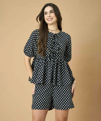 FashFun Casual 3/4 Sleeve Printed Women Black Top