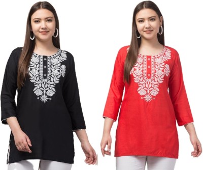 Aura Glam Women Chikan Embroidery A-line Kurta(Black, Red)