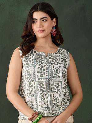 Sangria Casual Floral Print Women Green Top