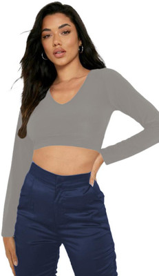 THE BLAZZE Casual Solid Women Grey Top