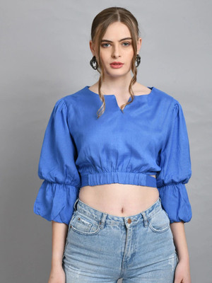 OTTAVIA Party Solid Women Blue Top