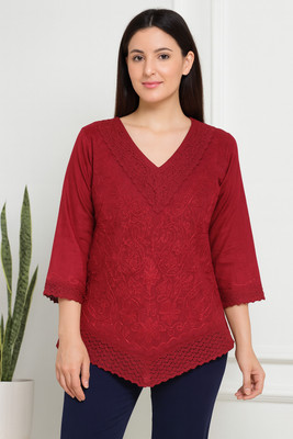 afg Casual Embroidered Women Maroon Top