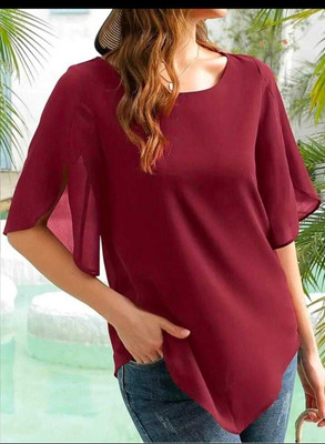 AFASION Party Solid, Self Design Women Maroon Top