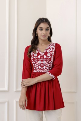 Gulmohar Jaipur Casual Embroidered Women Maroon Top