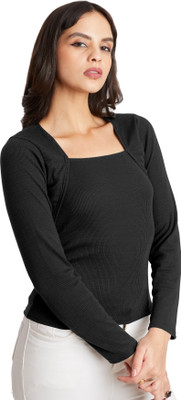 Berry Bird Casual Solid, Self Design Women Black Top