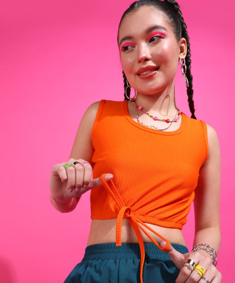 POPWINGS Casual Solid Women Orange Top