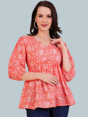 FIEBEE Casual Floral Print Women Orange Top