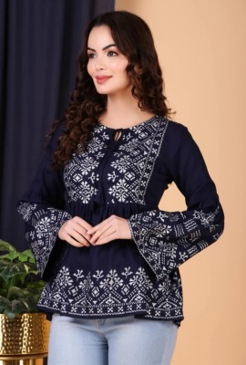 juhi fashion Casual Embroidered Women Blue, White Top