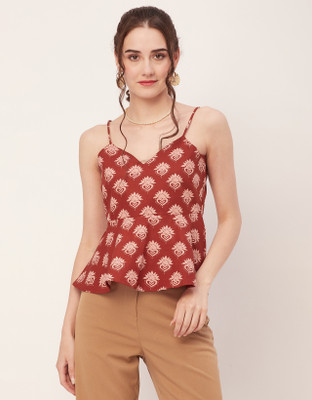 moomaya Casual Printed Women White, Orange Top
