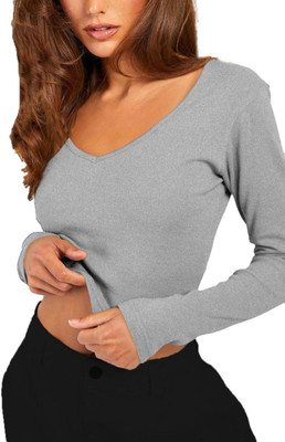 THE BLAZZE Casual Solid Women Grey Top