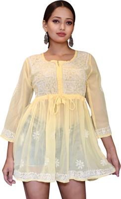 myplusfashion Casual Embroidered Women Yellow Top