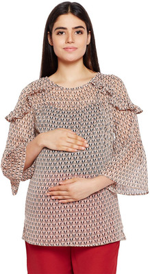 OXOLLOXO Casual 3/4 Sleeve Printed Women Beige Top