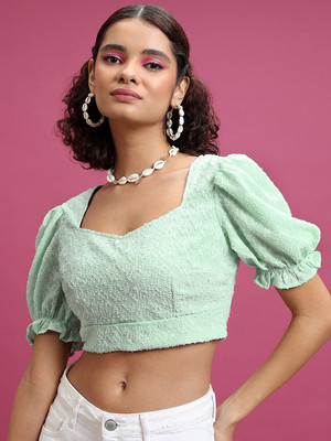 Tokyo Talkies Casual Solid Women Light Green Top