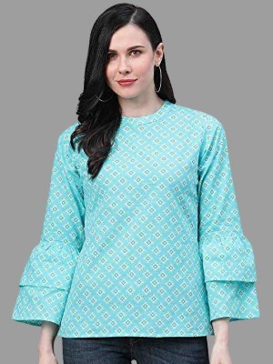 Yash Gallery Casual Regular Sleeve Geometric Print Women Blue Top