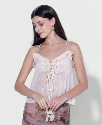 Dakauz Party Embellished, Self Design Women Beige Top