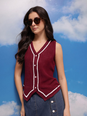 CORSICA Casual Solid, Lace Women Maroon Top